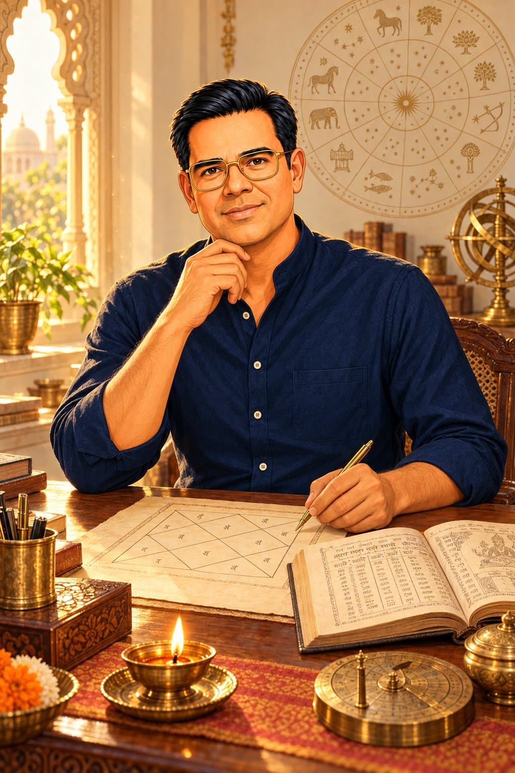 Astro Ratan at his writing desk at golden hour, a hand-drawn kundli and an open panchang before him, a brass diya lit.