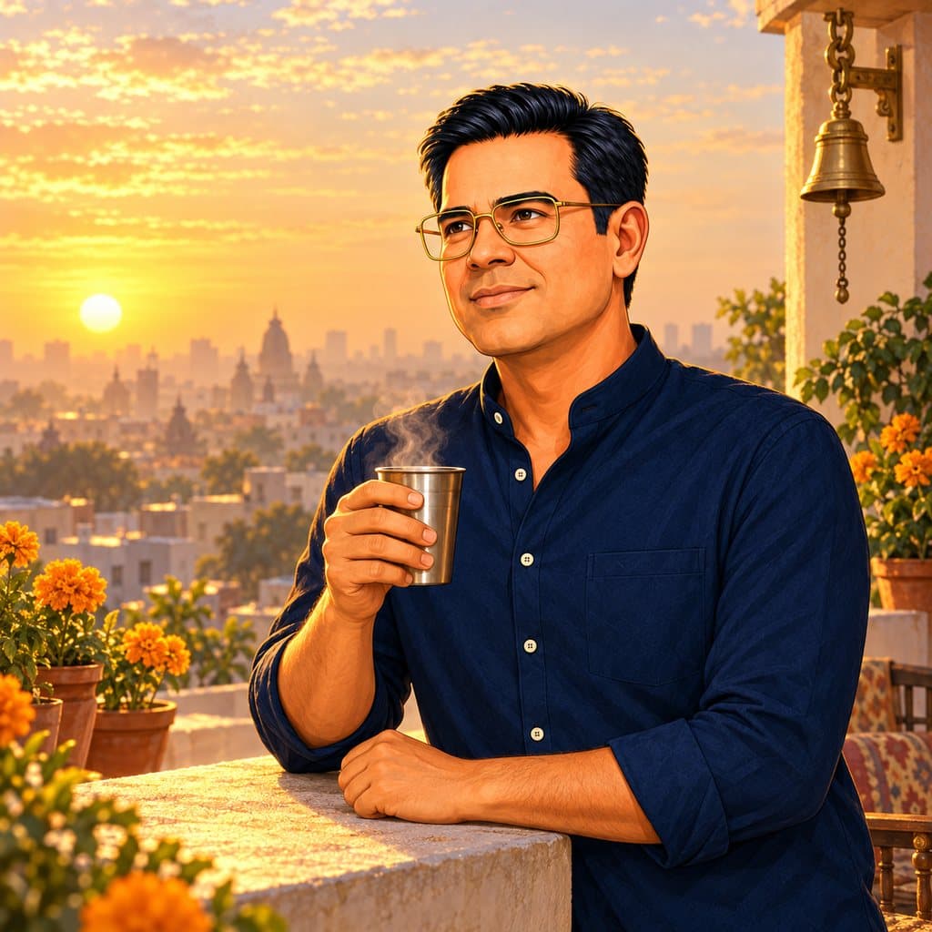 Astro Ratan on a rooftop terrace at sunrise, holding a cup of chai.