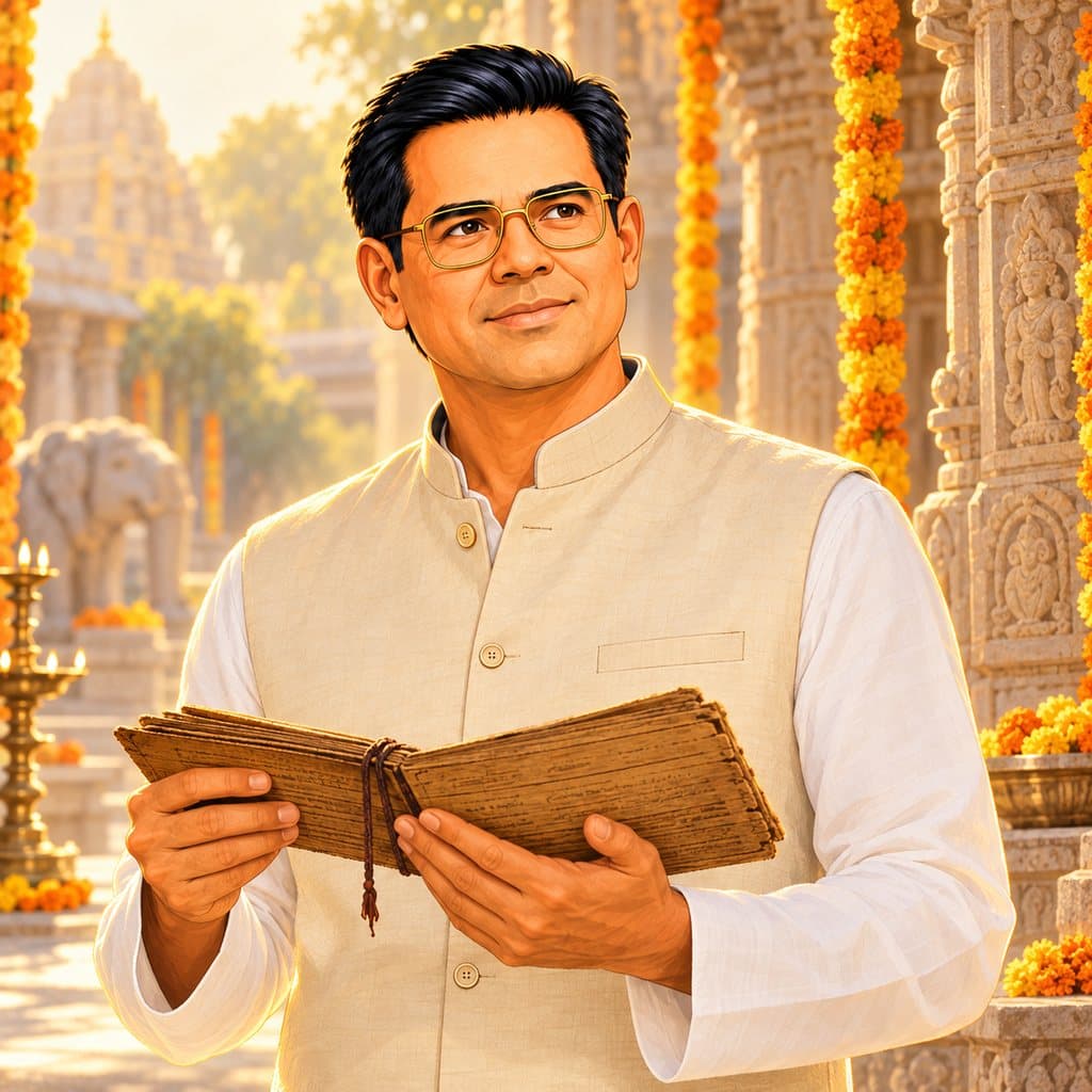 Astro Ratan in a temple courtyard holding a palm-leaf manuscript.