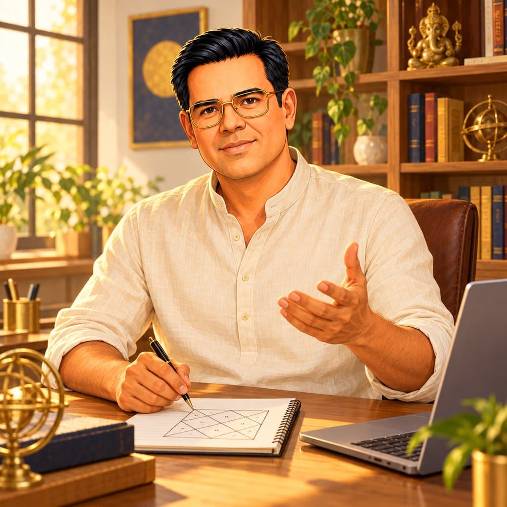 Astro Ratan at a study desk with a laptop and a hand-drawn kundli, explaining.