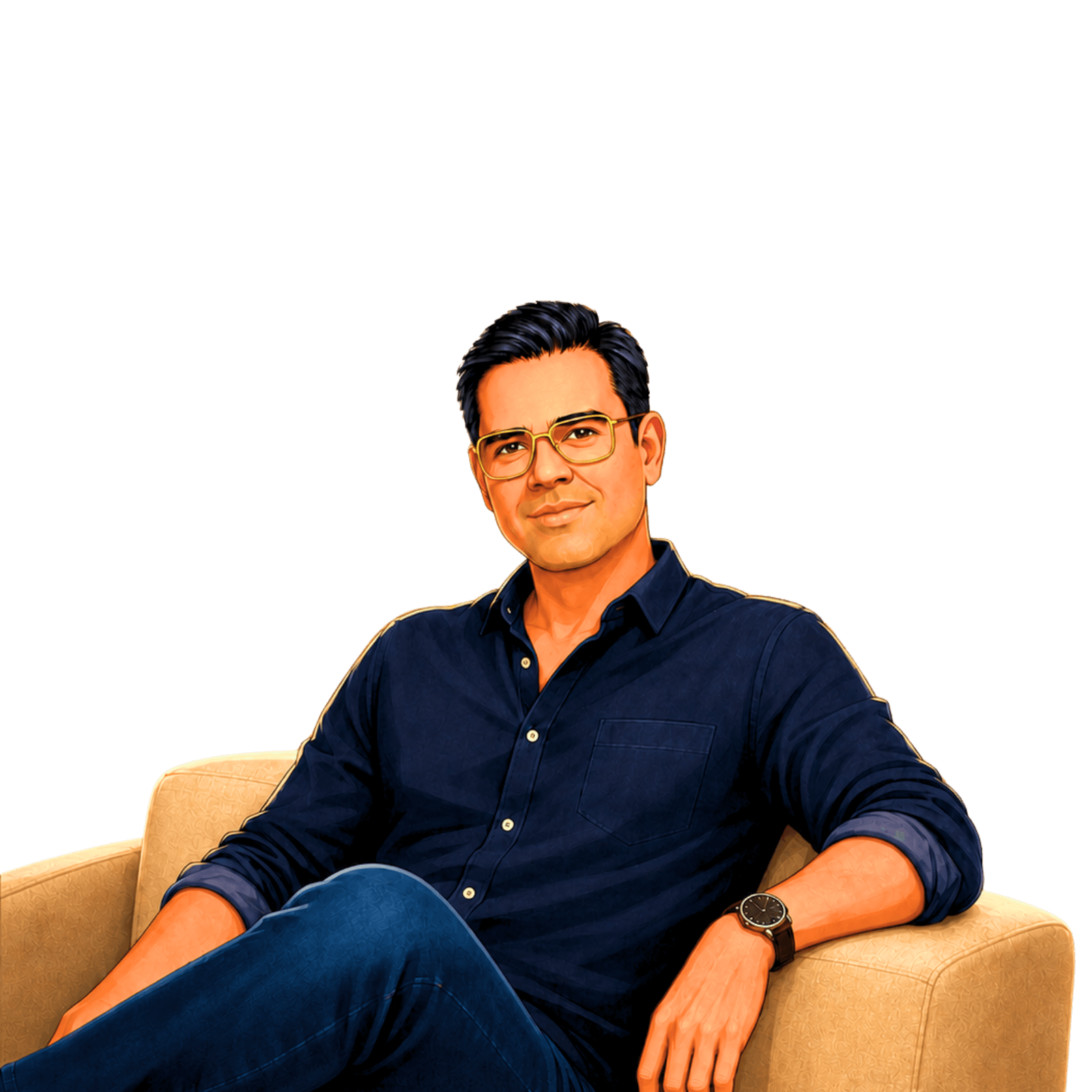 Astro Ratan — a calm, warmly dressed astrologer seated in an armchair, listening.